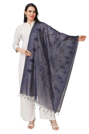 A R Silk Women’s Dark Blue Cotton Embroidered Dupatta