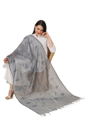 A R Silk Women’s Light Grey Cotton Embroidered Dupatta