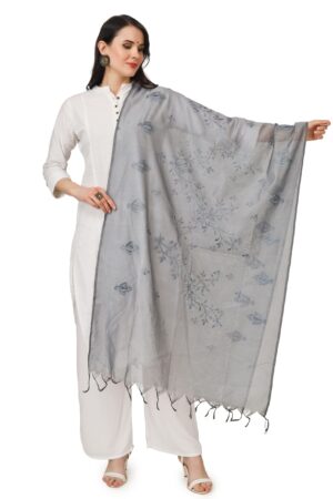 A R Silk Women’s Light Grey Cotton Embroidered Dupatta