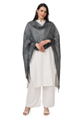 A R Silk Women’s Grey Cotton Embroidered Dupatta