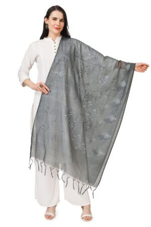 A R Silk Women’s Grey Cotton Embroidered Dupatta