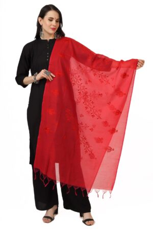 A R Silk Women’s Red Cotton Embroidered Dupatta