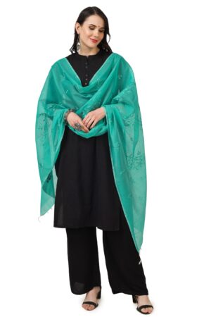 A R Silk Women’s Turquoise Cotton Embroidered Dupatta