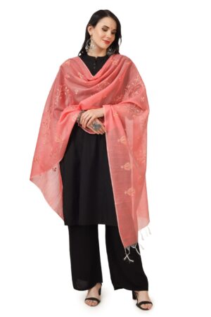 A R Silk Women’s Peach Cotton Embroidered Dupatta