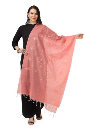 A R Silk Women’s Peach Cotton Embroidered Dupatta