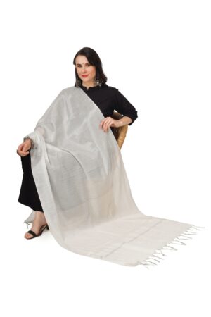 A R Silk Women’s White Chanderi Silk Solid Dupatta