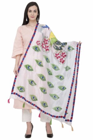 A R SILK Silk Peacock Multi Fancy Dupatta Color White Dupatta/Chunni