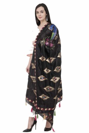 A R SILK Silk Peacock Multi Fancy Dupatta Color Black Dupatta/Chunni