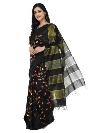 A R Silk Women’s Black Bhagalpuri Embroidery Cotton Silk Saree With Blouse Piece