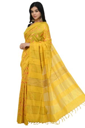 A R Silk Women’s Lemon Color Bhagalpuri Embroidery Cotton Silk Saree With Blouse Piece