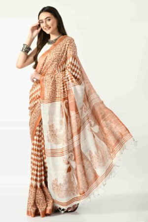 A R SILK BHAGALPURI HANDPRINTED Cotton Linen Saree with Blouse Piece