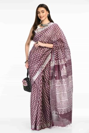 A R SILK BHAGALPURI HANDPRINTED Cotton Linen Saree with Blouse Piece