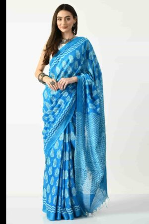 A R SILK BHAGALPURI HANDPRINTED Cotton Linen Saree with Blouse Piece