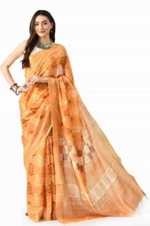 A R SILK BHAGALPURI HANDPRINTED Cotton Linen Saree with Blouse Piece