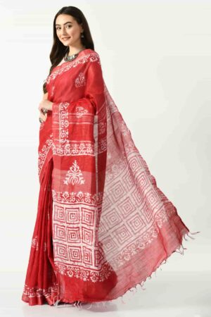 A R SILK BHAGALPURI HANDPRINTED Cotton Linen Saree with Blouse Piece