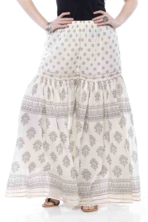 A R Silk Women’s Cotton Block Printed With Lace Work Flared Palazzo (Off White & Grey, Free Size)