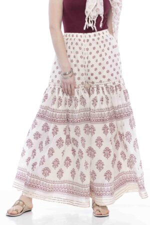 A R Silk Women’s Cotton Block Printed With Lace Work Flared Palazzo (Off White & Maroon, Free Size)