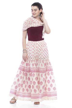 A R Silk Women’s Cotton Block Printed With Lace Work Flared Palazzo (Off White & Magenta, Free Size)