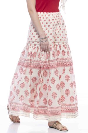 A R Silk Women’s Cotton Block Printed With Lace Work Flared Palazzo (Off White & Red, Free Size)