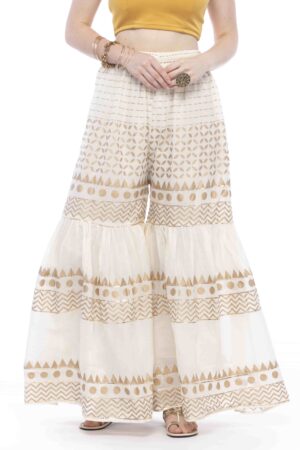 A R Silk Women’s Cotton Gold Print With Gota Work Flared Sharara Palazzo (Off White, Free Size)