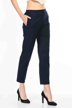 A R Silk Women’s Blue Clour Pure Cotton Made Elastic Waist Double Side Pocket Ankle Length Casual/Formal Trouser