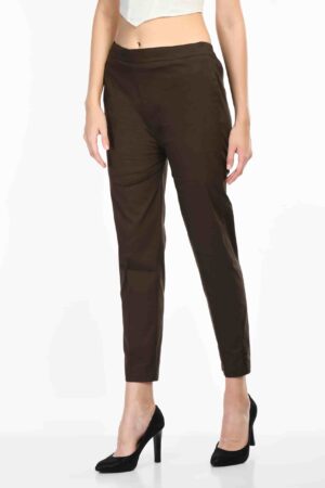 A R Silk Women’s Brown colour Pure Cotton Made Elastic Waist Double Side Pocket Ankle Length Casual/Formal Trouser