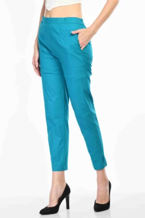 A R Silk Women’s Turquoise Colour Pure Cotton Made Elastic Waist Double Side Pocket Ankle Length Casual/Formal Trouser