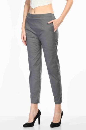 A R Silk Women’s Grey Colour Pure Cotton Made Elastic Waist Double Side Pocket Ankle Length Casual/Formal Trouser