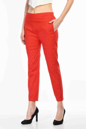 A R Silk Women’s Red Colour Pure Cotton Made Elastic Waist Double Side Pocket Ankle Length Casual/Formal Trouser