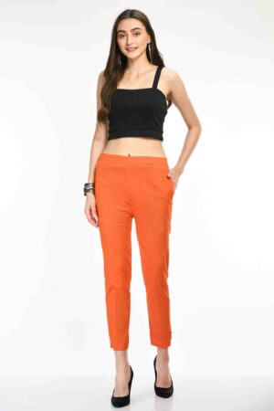 A R Silk Women’s Orange Pure Cotton Made Elastic Waist Double Side Pocket Ankle Length Casual/Formal Trouser