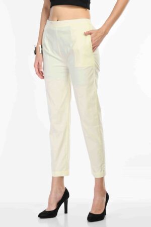 A R Silk Women’s Off White Pure Cotton Made Elastic Waist Double Side Pocket Ankle Length Casual/Formal Trouser