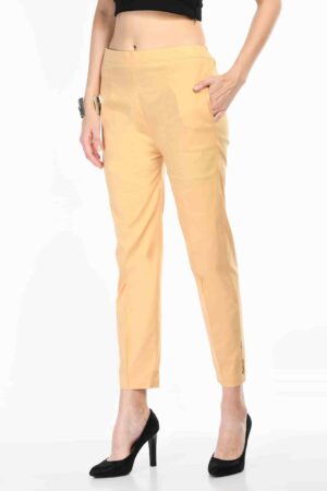 A R Silk Women’s light Gold Pure Cotton Made Elastic Waist Double Side Pocket Ankle Length Casual/Formal Trouser