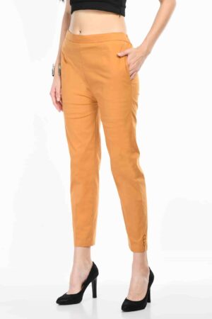 A R Silk Women’s Light Mustard Pure Cotton Made Elastic Waist Double Side Pocket Ankle Length Casual/Formal Trouser