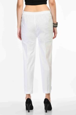 A R Silk Women’s White Pure Cotton Made Elastic Waist Double Side Pocket Ankle Length Casual/Formal Trouser