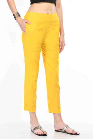 A R Silk Women’s yellow Colour Pure Cotton Made Elastic Waist Double Side Pocket Ankle Length Casual/Formal Trouser