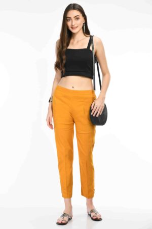 A R Silk Women’s Mustard Colour Pure Cotton Made Elastic Waist Double Side Pocket Ankle Length Casual/Formal Trouser