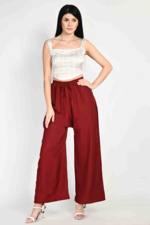 A R Silk Women’s Maroon Colour Regular Fit Women Rayon Plain Palazzos