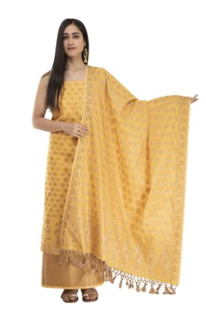 A R Silk Yellow Cotton Chanderi Soft Zari Embroidered Worked Unstitched Salwar Suit Dress Material With Banarasi Chanderi Dupatta