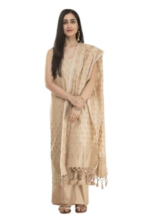 A R Silk Cotton Chanderi Zari Embroidered Worked Unstitched Salwar Suit Dress Material With Banarasi Chanderi Dupatta ( Golden))