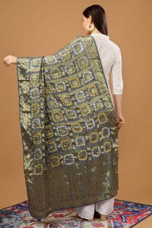 A R Silk Women’s Silk Gharchola Jaipuri Bhandej With Lotus Zari Work Grey Fancy Dupatta(ARS0829)