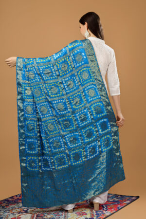 A R Silk Women’s Silk Gharchola Jaipuri Bhandej With Lotus Zari Work Turquoise Fancy Dupatta(ARS0836)