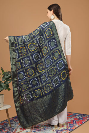 A R Silk Women’s Silk Gharchola Jaipuri Bhandej With Lotus Zari Work Blue Fancy Dupatta(ARS0837)