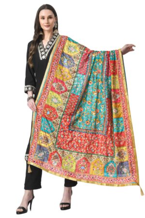 A R Silk Women’s Pakistani Heavy Silk Dupatta with Mirror Work with Colorful Print Fancy Dupaatta (ARS01027)