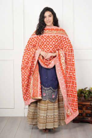 A R SILK DUPATTA HUB Women’s Georgette Orange Lucknowi Embroidery Work dupatta for women latest design all over gotta patti work heavy dupatta for wedding(ARS01168)