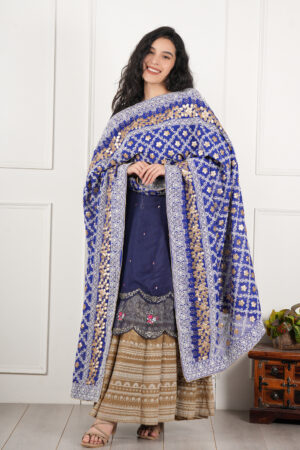 A R SILK DUPATTA HUB Women’s Georgette Royal Blue Lucknowi Embroidery Work dupatta for women latest design all over gotta patti work heavy dupatta for wedding(ARS01170)