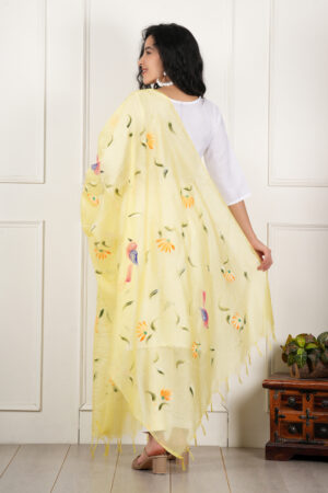 A R Silk DUPATTA HUB Women’s Lemon Pure Hand Painted Multicolour Floral Kota Doria dupatta for woman(ARS01177)