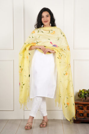 A R Silk DUPATTA HUB Women’s Lemon Pure Hand Painted Multicolour Floral Kota Doria dupatta for woman(ARS01177)