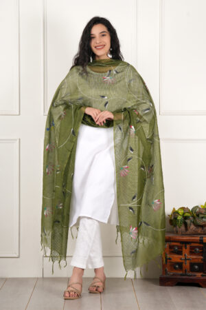 A R Silk DUPATTA HUB Women’s Olive Pure Hand Painted Multicolour Floral Kota Doria dupatta for woman(ARS01179)