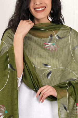A R Silk DUPATTA HUB Women’s Olive Pure Hand Painted Multicolour Floral Kota Doria dupatta for woman(ARS01179)