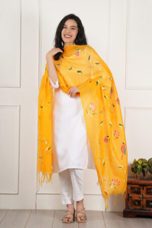 A R Silk DUPATTA HUB Women’s Yellow Pure Hand Painted Multicolour Floral Kota Doria dupatta for woman(ARS01180)